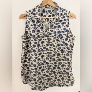 Vintage Floral Button-Up Sleeveless Blouse - Blue and Cream